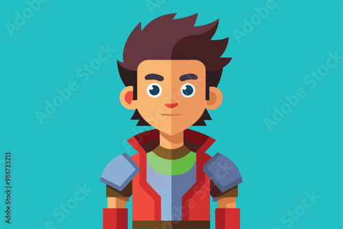 A young hero stands confidently, showcasing vibrant armor against a bright background, Customizable Disproportionate Illustration