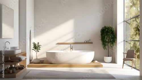 A modern bathroom featuring a freestanding tub, natural light, and minimalist decor.