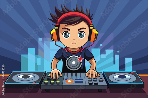 A young DJ engages with his turntables in a lively club, showcasing his passion for music and creativity, Customizable DJ boy illustration.