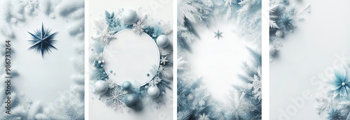 Christmas Cover Set with Crystal Snowflake Frames on blue and white background. Magical Atmosphere Design Template for Festival Invitations and Greetings