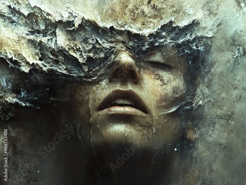 Surreal Abstract Portrait: Dreamlike Face with Water and Stone