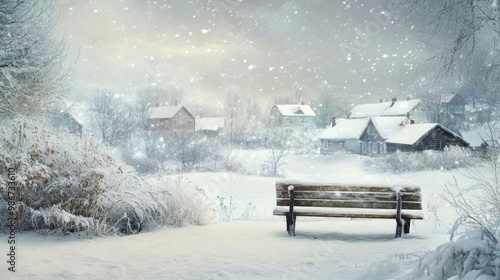 Wallpaper Mural A serene winter landscape featuring a snow-covered bench overlooking a quiet village amidst falling snowflakes. Torontodigital.ca