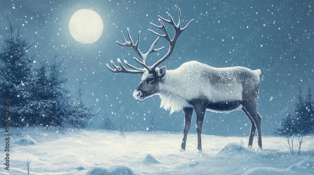 A majestic reindeer stands in a snowy landscape under a full moon, surrounded by frosty trees, capturing the essence of winter magic. A majestic reindeer stands in a snowy landscape under a full moon, surrounded by frosty trees, capturing the essence of winter magic.