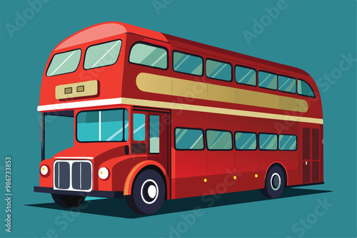 A vibrant red double decker bus is illustrated against a solid background, ideal for customization and design, Customizable double decker bus illustration.
