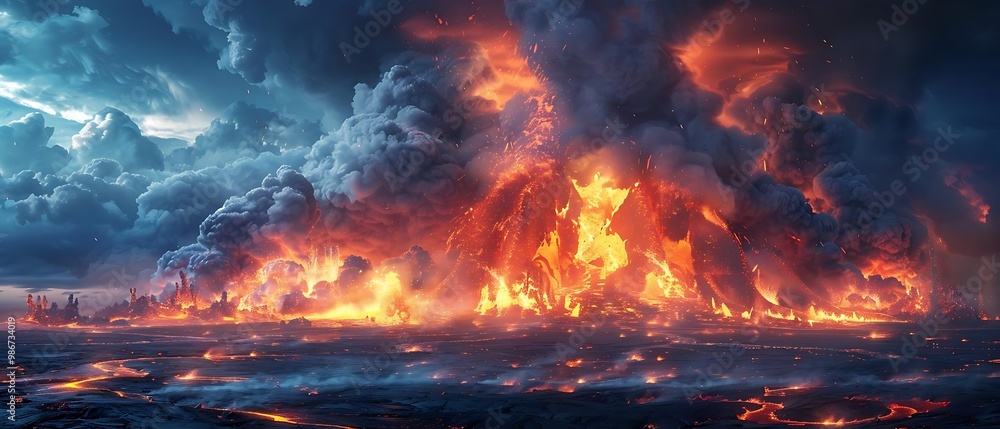 A dramatic volcanic eruption with glowing lava and dark clouds. A dramatic volcanic eruption with glowing lava and dark clouds.