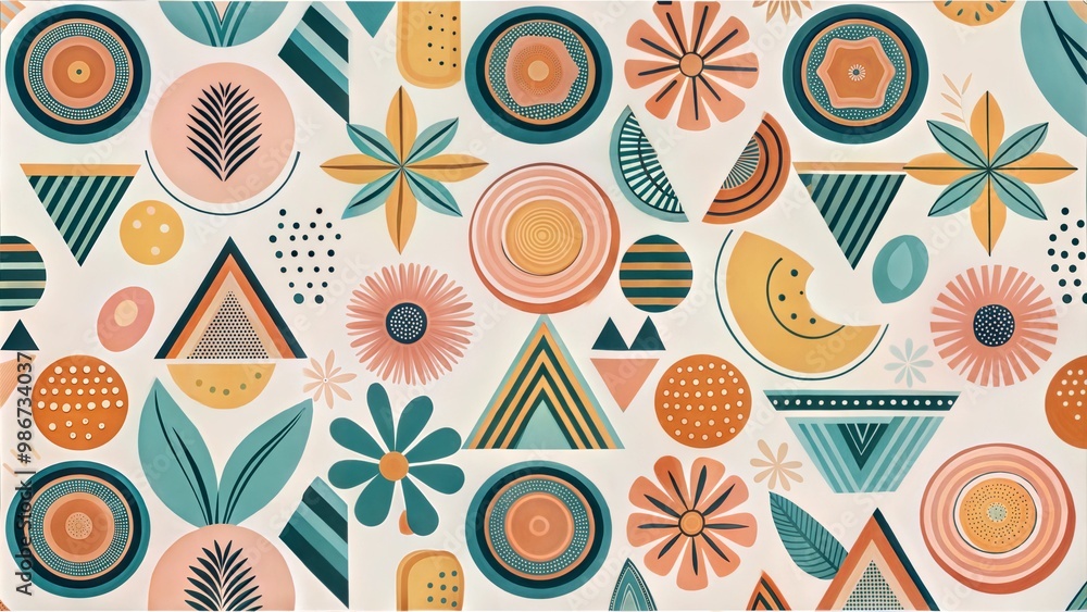 custom made wallpaper toronto digitalColorful geometric shapes and floral patterns in a modern design style on a light background