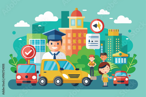 An educational driving school scene with instructors, students, and various cars set in an urban environment, Customizable driving school illustration that is disproportionate.