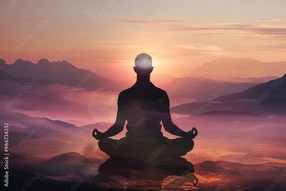 A double exposure silhouette of a man in a meditation pose with a serene mountain range and soft pink sky at sunset, creating a peaceful and contemplative atmosphere. A double exposure silhouette of a man in a meditation pose with a serene mountain range and soft pink sky at sunset, creating a peaceful and contemplative atmosphere.