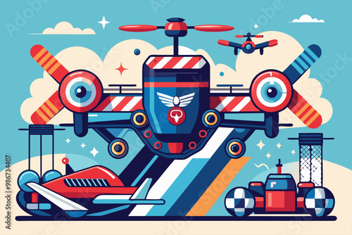 A dynamic illustration shows a customizable drone race with colorful aircraft competing against a bright sky, Customizable drone race illustration that is disproportionate.