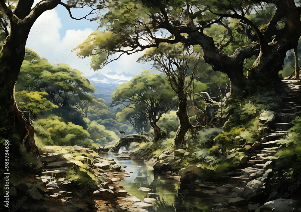 A serene landscape featuring lush trees, a flowing river, and distant mountains under a bright sky. A serene landscape featuring lush trees, a flowing river, and distant mountains under a bright sky.