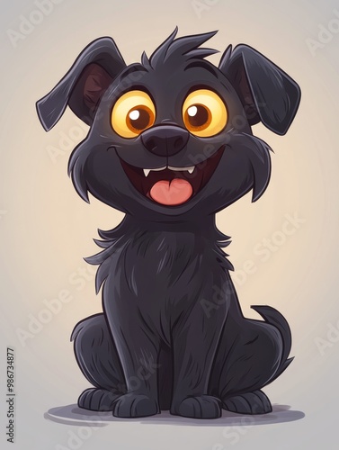 A cute little black puppy with big eyes sits against a white background in a cartoon style