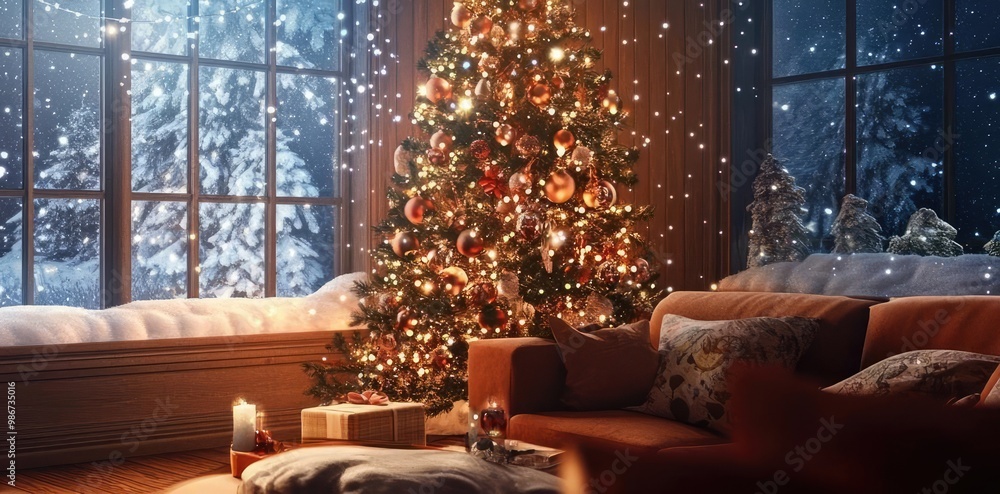 Obraz premium Cozy Christmas living room with a decorated tree, warm fire, and stockings, perfect for holiday warmth and festive spirit.