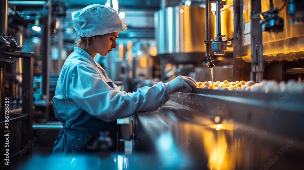 A close-up of a worker operating machinery in a large-scale agricultural processing plant, ensuring efficiency and quality A close-up of a worker operating machinery in a large-scale agricultural processing plant, ensuring efficiency and quality