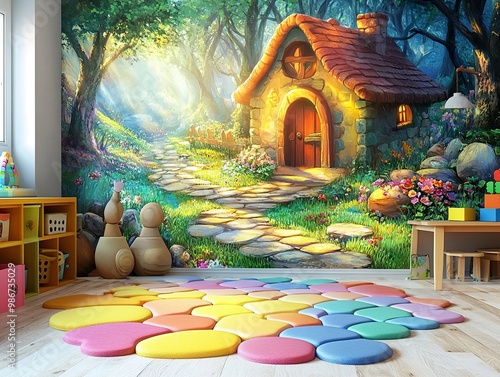 Enchanted Forest Cottage: A Whimsical Landscape Painting photo