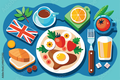 Enjoy a customizable English breakfast featuring eggs, toast, strawberries, coffee, and fruit on display, Customizable English breakfast illustration