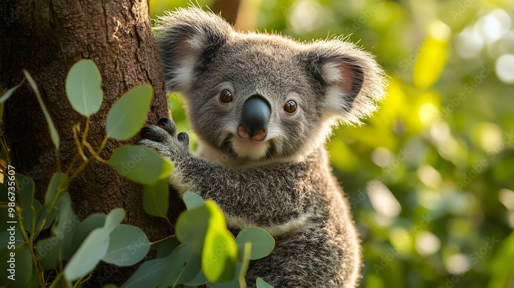 Fototapeta premium Adorable Koala in a Tree with Green Leaves - Photo