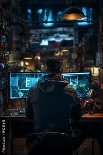 A person working at a computer in a dimly lit room filled with technology and tools.