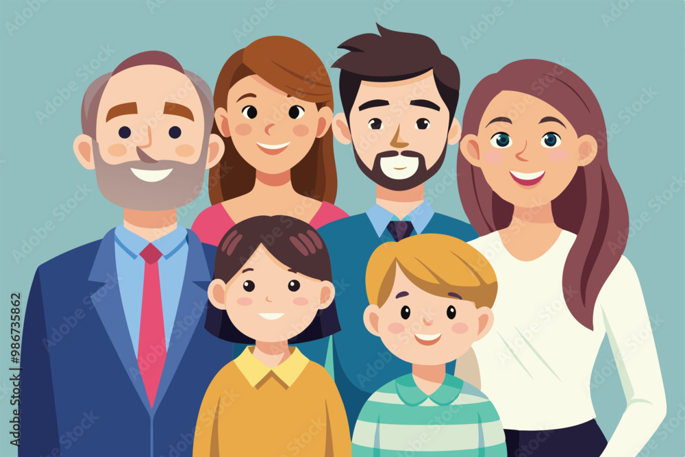 A vibrant family illustration showcases six members with joyful expressions in a colorful design, Customizable family illustration with disproportionate features. A vibrant family illustration showcases six members with joyful expressions in a colorful design, Customizable family illustration with disproportionate features.