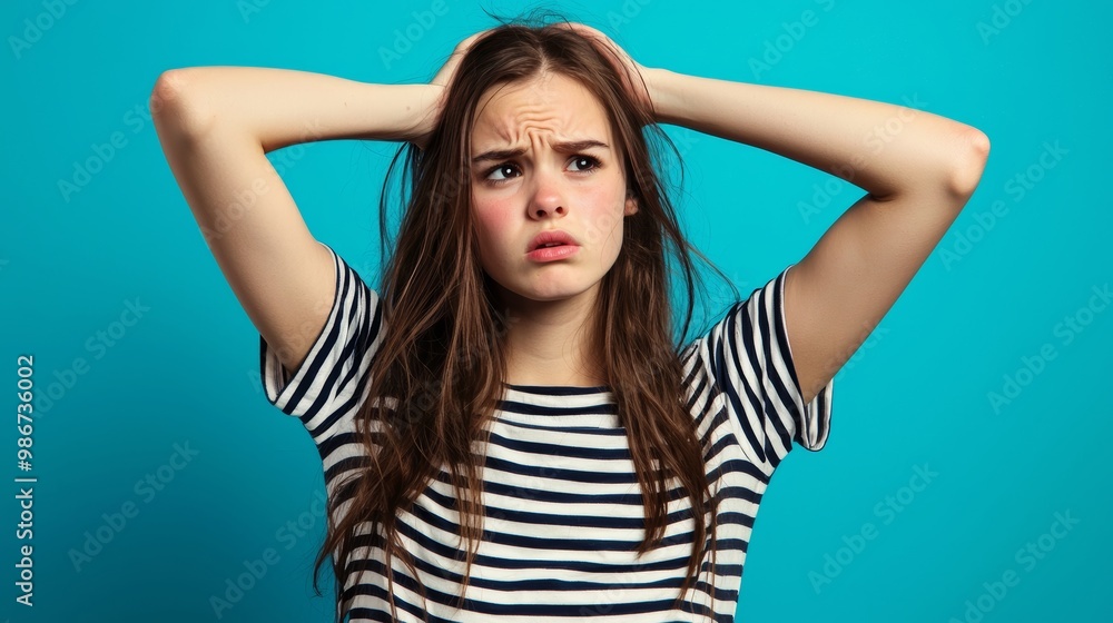 Young woman scratching head on color background. Annoying itch Young woman scratching head on color background. Annoying itch