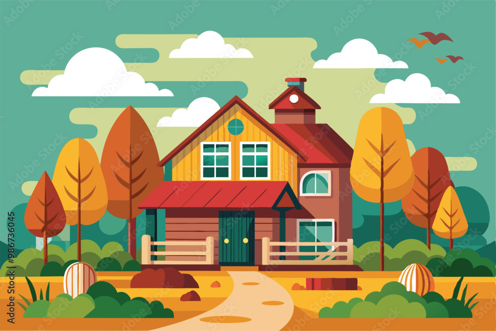 A quaint farmhouse stands out with autumn foliage, inviting pathways, and a tranquil atmosphere, Customizable farm house flat illustration. A quaint farmhouse stands out with autumn foliage, inviting pathways, and a tranquil atmosphere, Customizable farm house flat illustration.