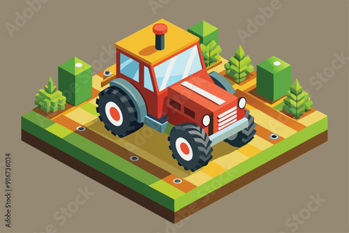 A detailed isometric depiction of a customizable tractor set amidst lush greenery on a farm, Customizable farm tractor illustration in isometric style.