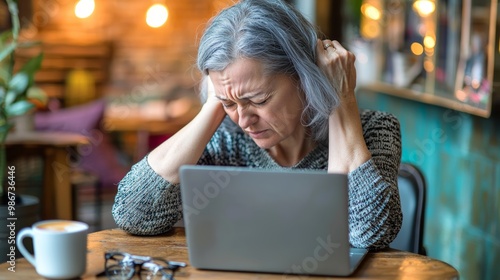 Tired stressed old mature business woman suffering from neckpain working from home office sitting at table. Overworked senior middle aged lady massaging neck feeling hurt pain from incorrect posture. photo