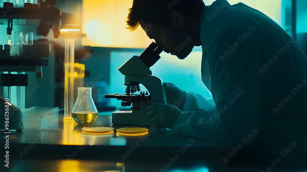 Scientist in lab coat examining microscope with bacteria samples in petri dish, symbolizing disease investigation and medical research Scientist in lab coat examining microscope with bacteria samples in petri dish, symbolizing disease investigation and medical research