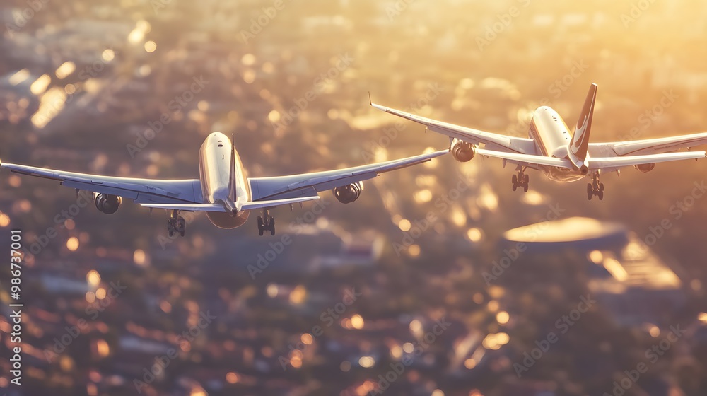 Aerial view of two airplanes, one large and one small, flying in formation with a cityscape below, symbolizing a successful airline acquisition and strategic partnership Aerial view of two airplanes, one large and one small, flying in formation with a cityscape below, symbolizing a successful airline acquisition and strategic partnership