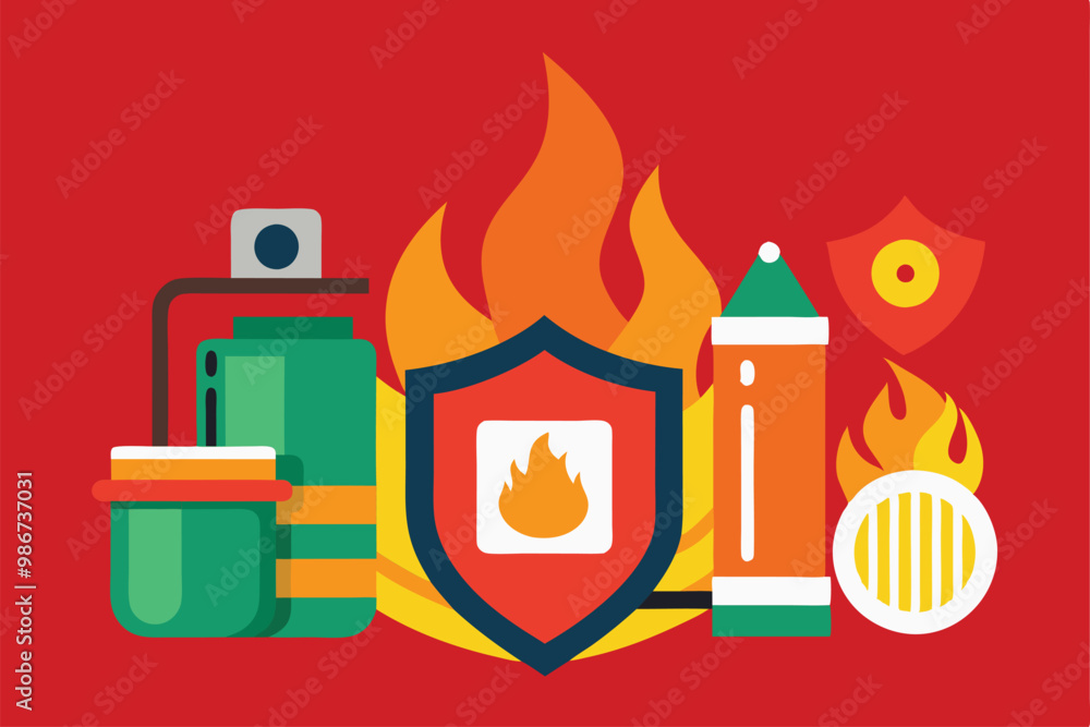 Naklejka premium Colorful representation of fire prevention tools emphasizing safety for handling emergencies effectively, Customizable fire prevention illustration