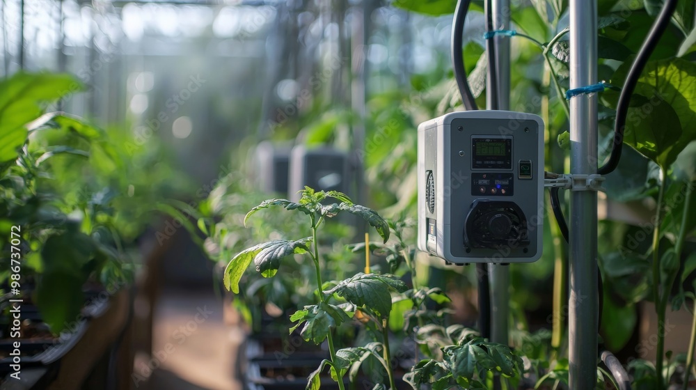 A close-up of automated climate control systems in a greenhouse, managing temperature, humidity, and light A close-up of automated climate control systems in a greenhouse, managing temperature, humidity, and light