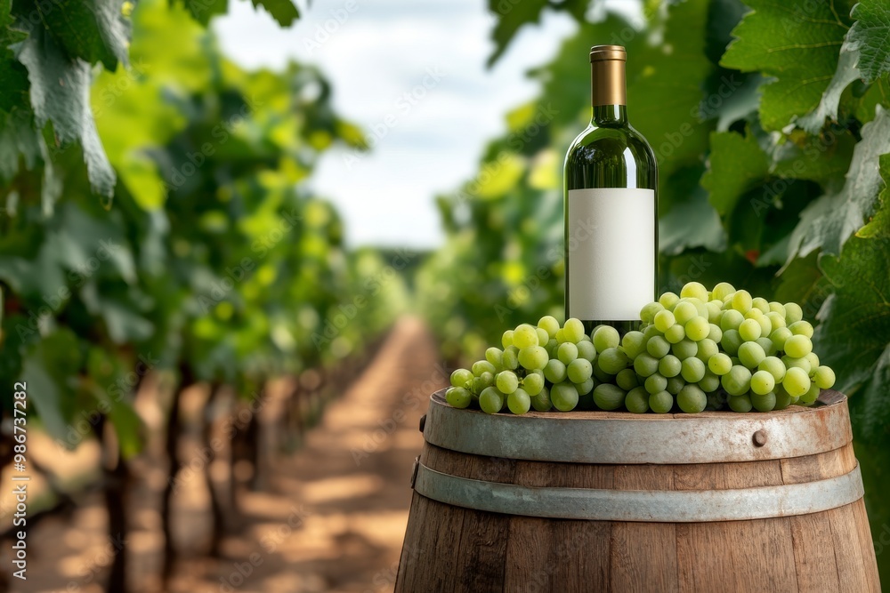 Fototapeta premium Wine on a wooden barrel, lush grapevines, vineyard culture celebration