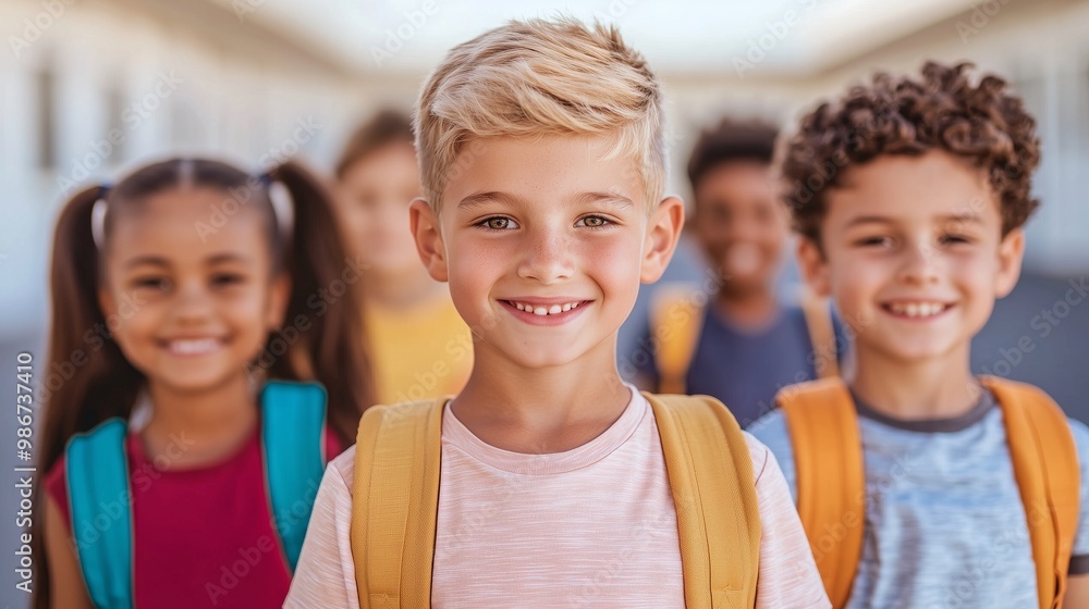 Happy School Children Smiling with Backpacks Happy School Children Smiling with Backpacks