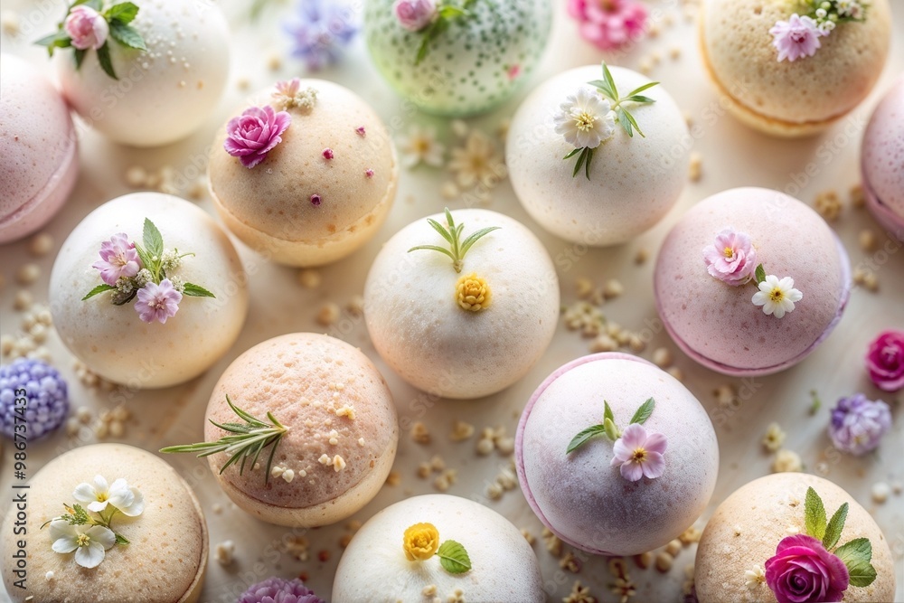 Colorful bath bombs with flowers on white background and decorative elements Colorful bath bombs with flowers on white background and decorative elements