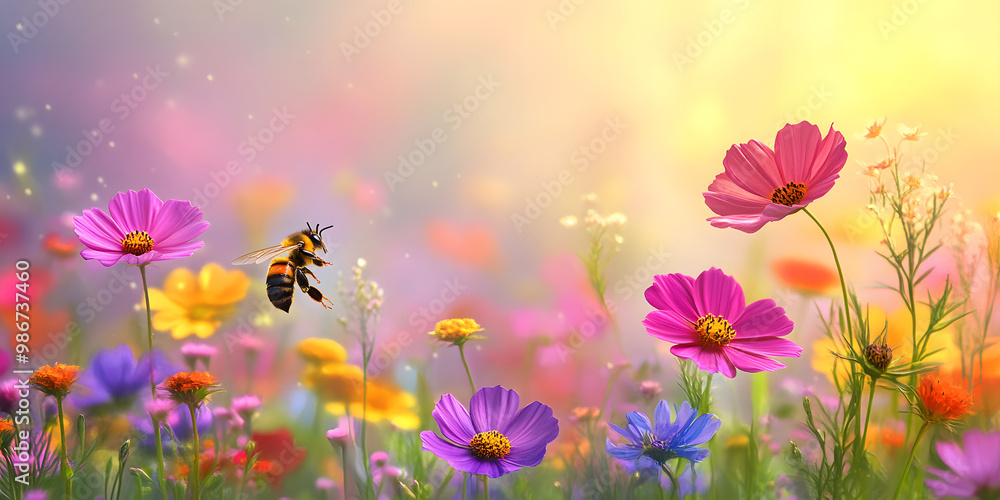 Bee Collecting Nectar in Colorful Flower Field Bee Collecting Nectar in Colorful Flower Field