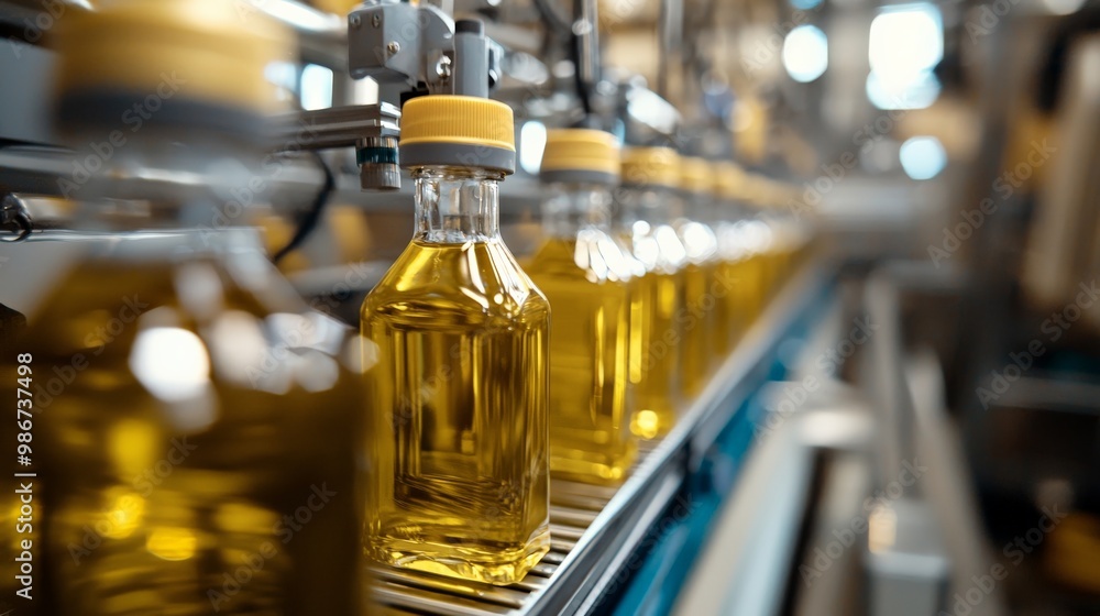 A close-up of automated machinery bottling and labeling olive oil in a modern agro-industrial facility A close-up of automated machinery bottling and labeling olive oil in a modern agro-industrial facility
