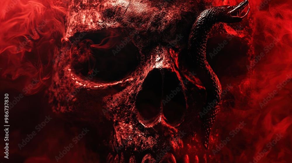 Close-up of a red skull with glowing eyes and a black snake in thick fog Close-up of a red skull with glowing eyes and a black snake in thick fog