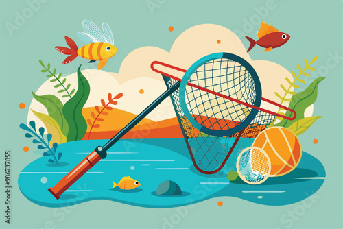 A vibrant illustration showcases a fishing net by a lake with playful fish and aquatic plants around, Customizable fishing net illustration