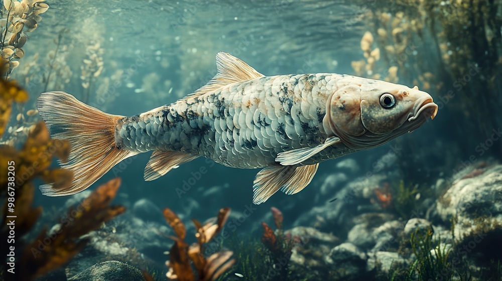 Koi Fish Swimming Underwater: A Close-Up View Koi Fish Swimming Underwater: A Close-Up View