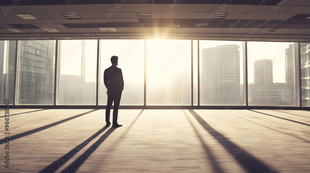 Businessman standing alone in an empty office, reflecting on closure, void of furniture, sunlight streaming through windows, capturing poignant moment of transition and loss Businessman standing alone in an empty office, reflecting on closure, void of furniture, sunlight streaming through windows, capturing poignant moment of transition and loss