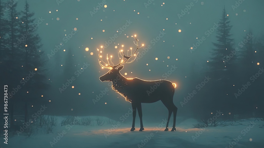 A majestic deer illuminated with glowing lights in a snowy forest, creating a magical winter wonderland atmosphere. A majestic deer illuminated with glowing lights in a snowy forest, creating a magical winter wonderland atmosphere.