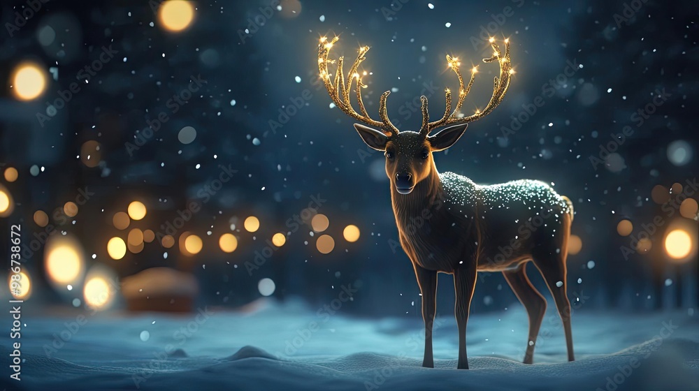 A majestic deer adorned with glowing antlers stands in a snowy landscape, surrounded by shimmering lights and falling snowflakes. A majestic deer adorned with glowing antlers stands in a snowy landscape, surrounded by shimmering lights and falling snowflakes.