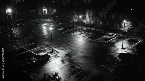 Security camera footage capturing a hotel parking lot, timestamp visible, with grainy, low-light resolution.