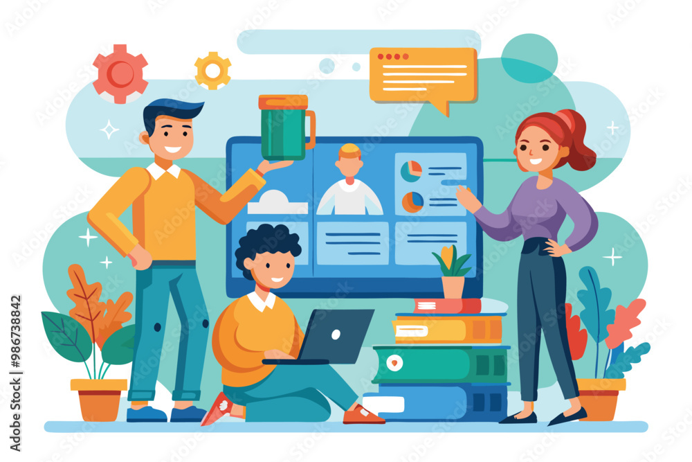A diverse team collaborates on a digital project, showcasing creativity with technology and teamwork, Customizable flat illustration demo A diverse team collaborates on a digital project, showcasing creativity with technology and teamwork, Customizable flat illustration demo