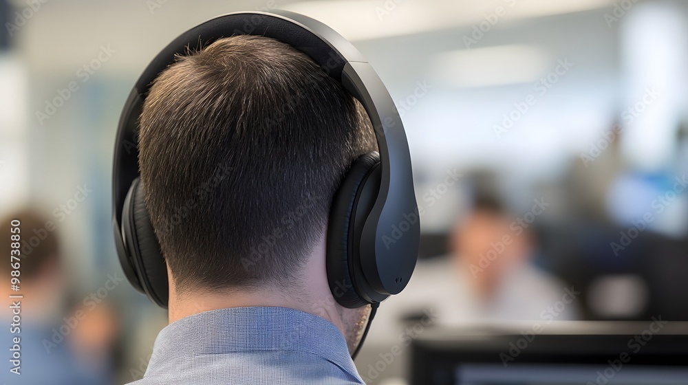 Man wearing noise-canceling headphones, focused and relaxed in a busy office environment, symbolizing the concept of noise cancellation and productivity enhancement Man wearing noise-canceling headphones, focused and relaxed in a busy office environment, symbolizing the concept of noise cancellation and productivity enhancement