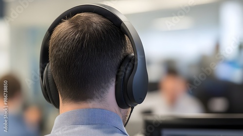 Man wearing noise-canceling headphones, focused and relaxed in a busy office environment, symbolizing the concept of noise cancellation and productivity enhancement photo