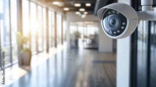 Security camera view of an empty office space, with blurred background details and the camera timestamp in the corner. photo