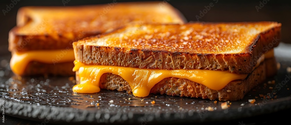 A close-up of a perfectly toasted grilled cheese sandwich with melted cheese.