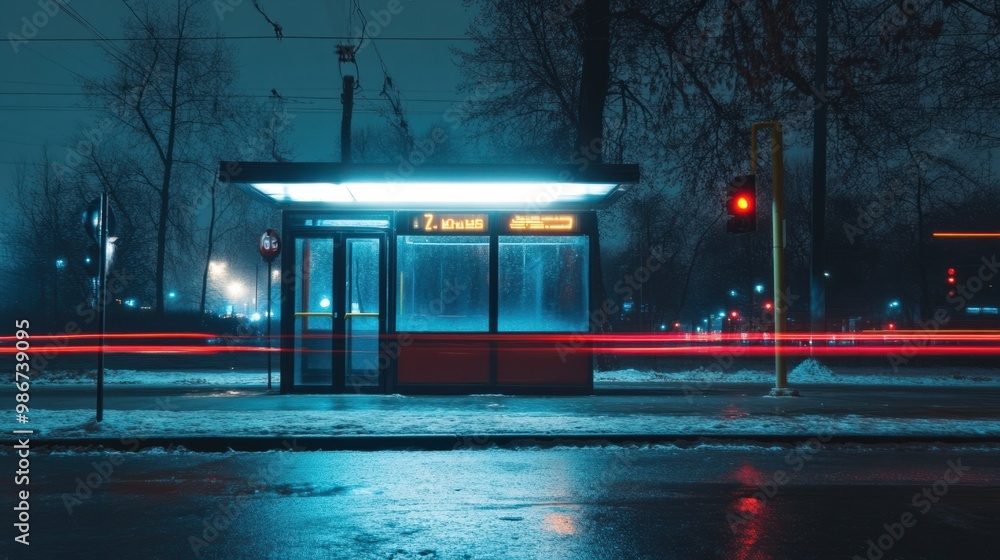Obraz premium Surveillance camera footage showing a bus stop at night, timestamp visible with slight motion blur.