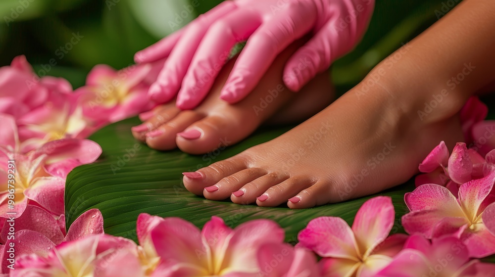 Beautiful perfect female skin legs feet top view with tropical flowers and green palm leaf. Hands of beautician in pink gloves. Nail polish care and clean spa pedicure treatment in white. Copy space Beautiful perfect female skin legs feet top view with tropical flowers and green palm leaf. Hands of beautician in pink gloves. Nail polish care and clean spa pedicure treatment in white. Copy space