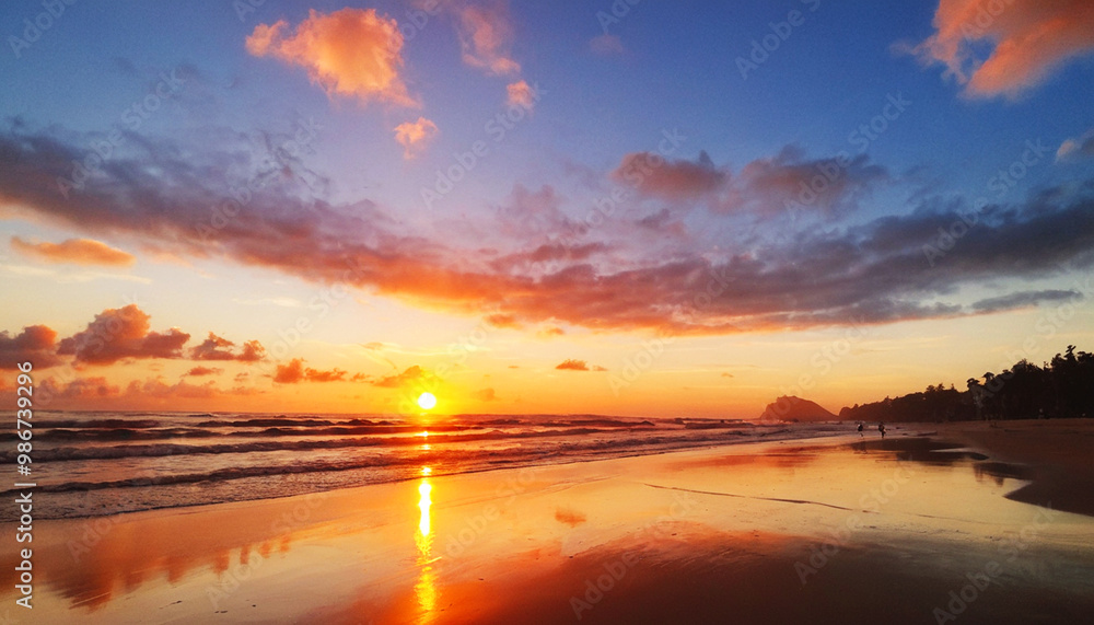 Fototapeta premium beautiful view of the beach at dusk when the sun begins to set and the sky turns red